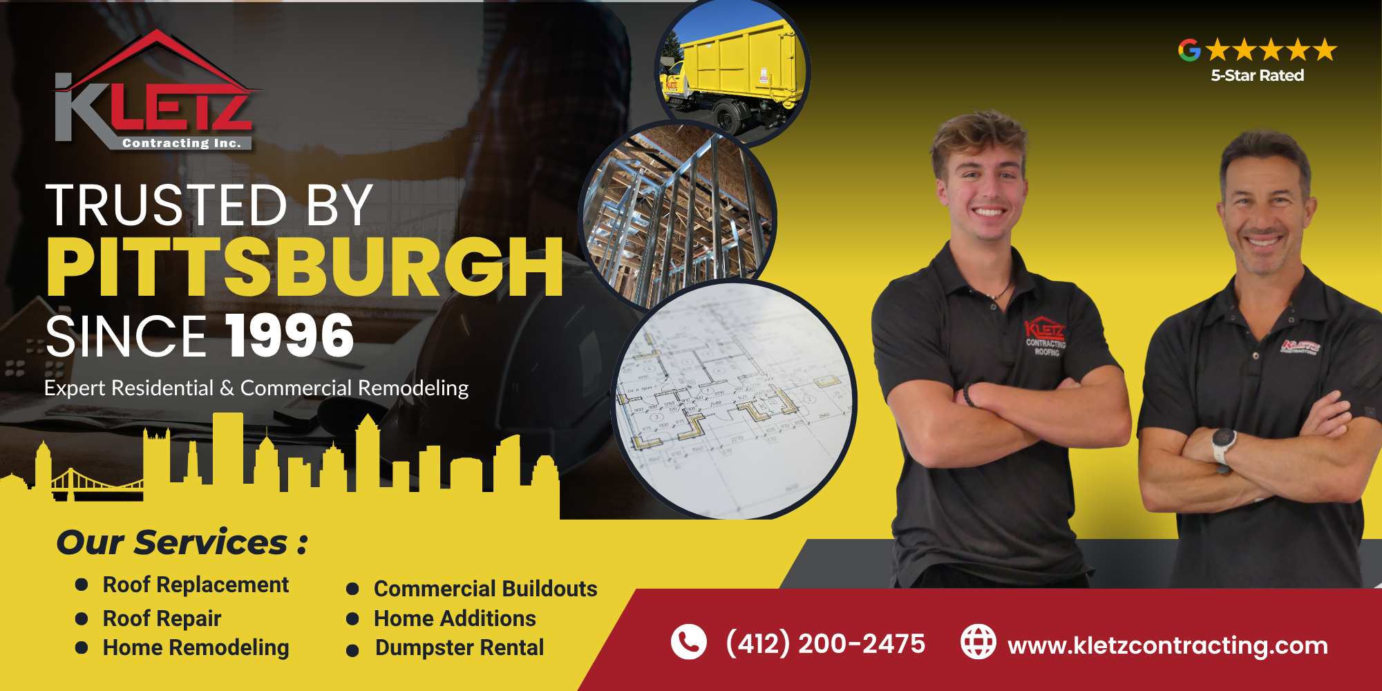 John and Julian Kletz - Trusted by Pittsburgh since 1996. Roofing, remodeling, and dumpster rental services.